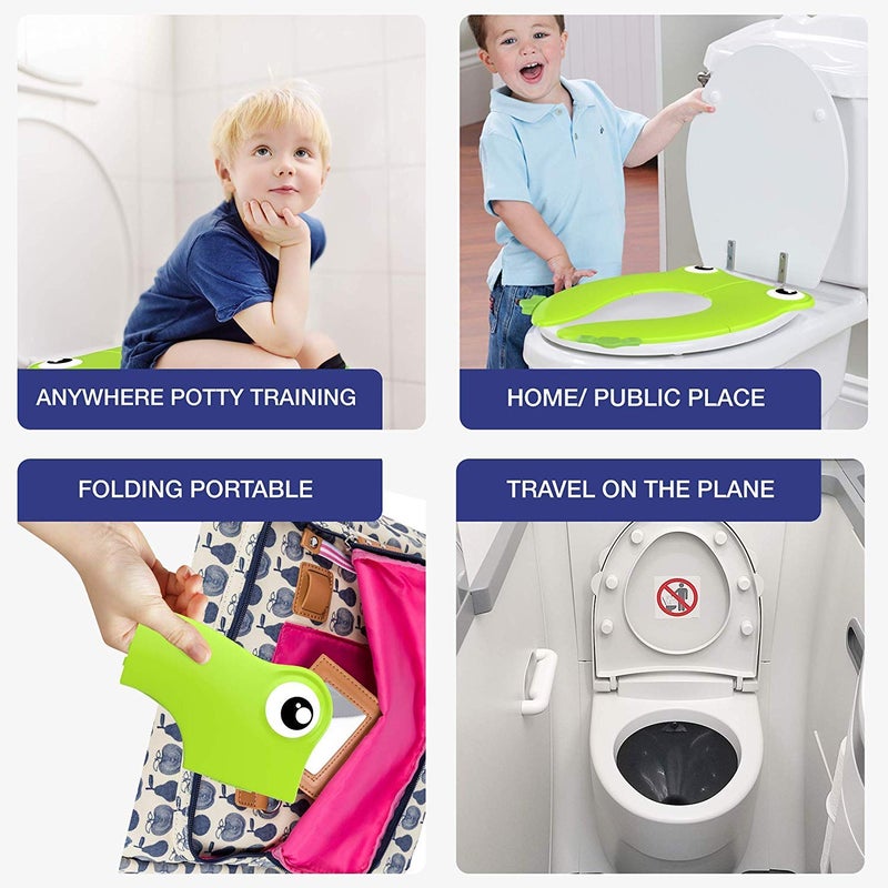 POKANIC Toilet Potty Training Seat Cover, Travel Toilet Seat, Folding Non Slip Silicone Pads, Travel Portable Reusable Kids Toddlers Boys Girls, Carry Bag (Green - Frog) - Image 2